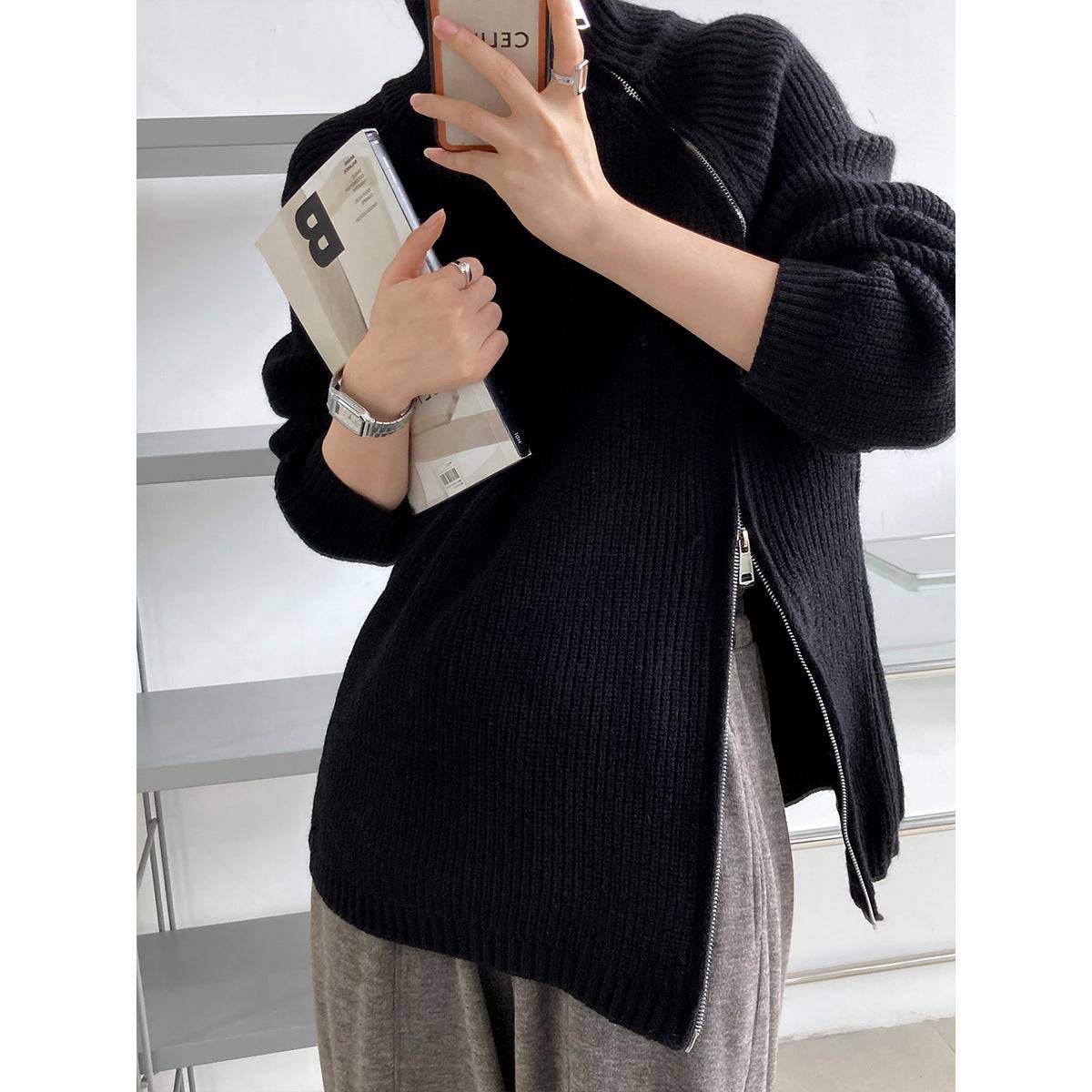 Lazy Casual Double Headed Zipper Turtleneck Sweater for Women    