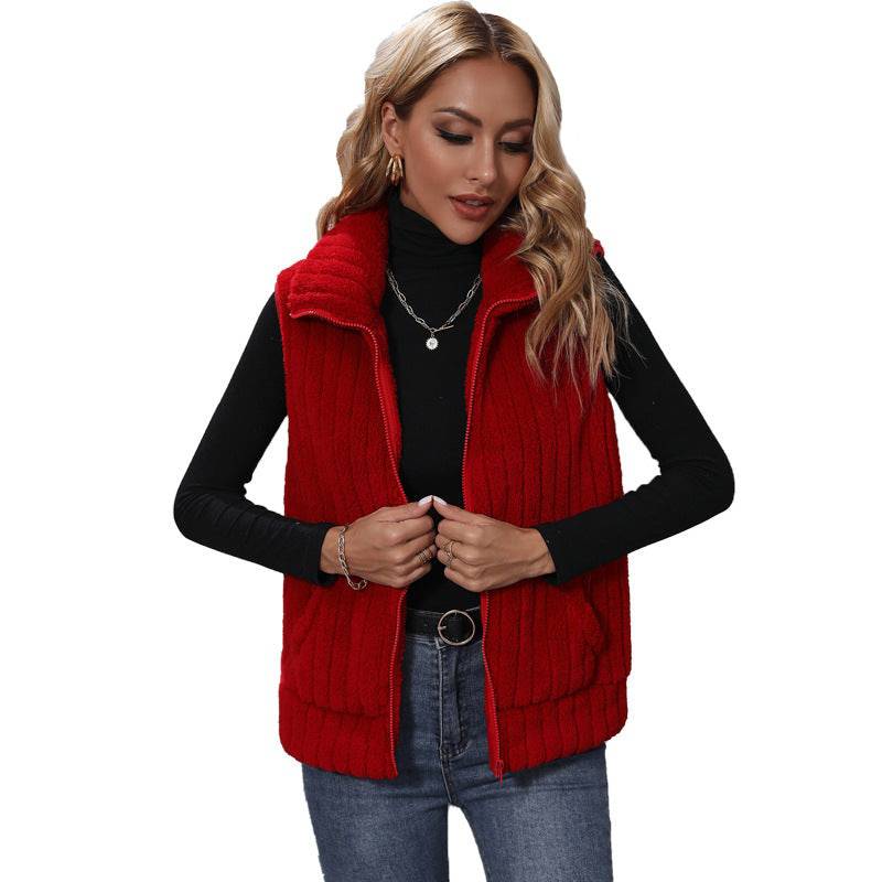 Striped Sleeveless Collared Casual Jacket for Women    