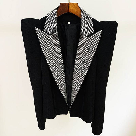 Rhinestone Collar Blazer with Peak Shoulder Profile    