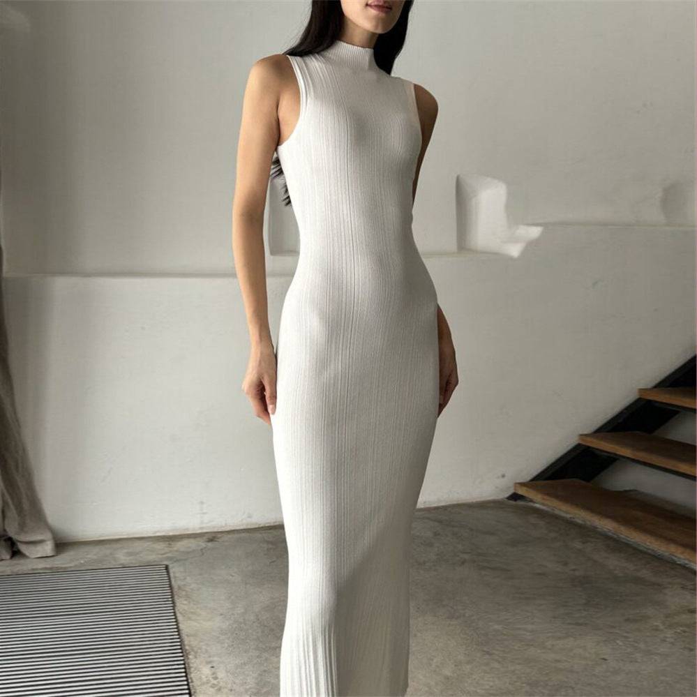 Knitted Turtleneck Sleeveless Tight Spring Summer Mid Length Dress Elegant French Dress    