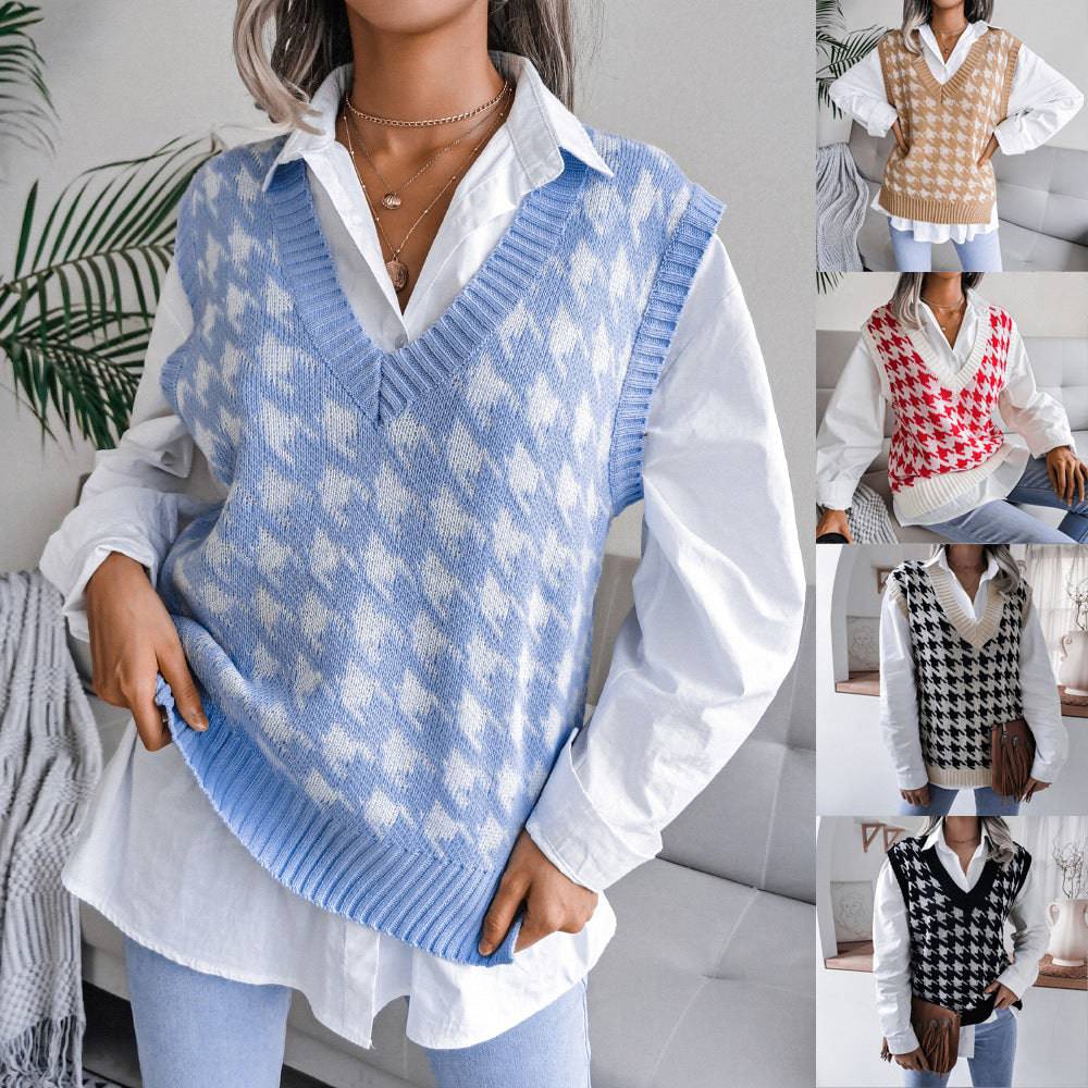 Houndstooth V-Neck Knitted Vest Sweater Waistcoat for Women    