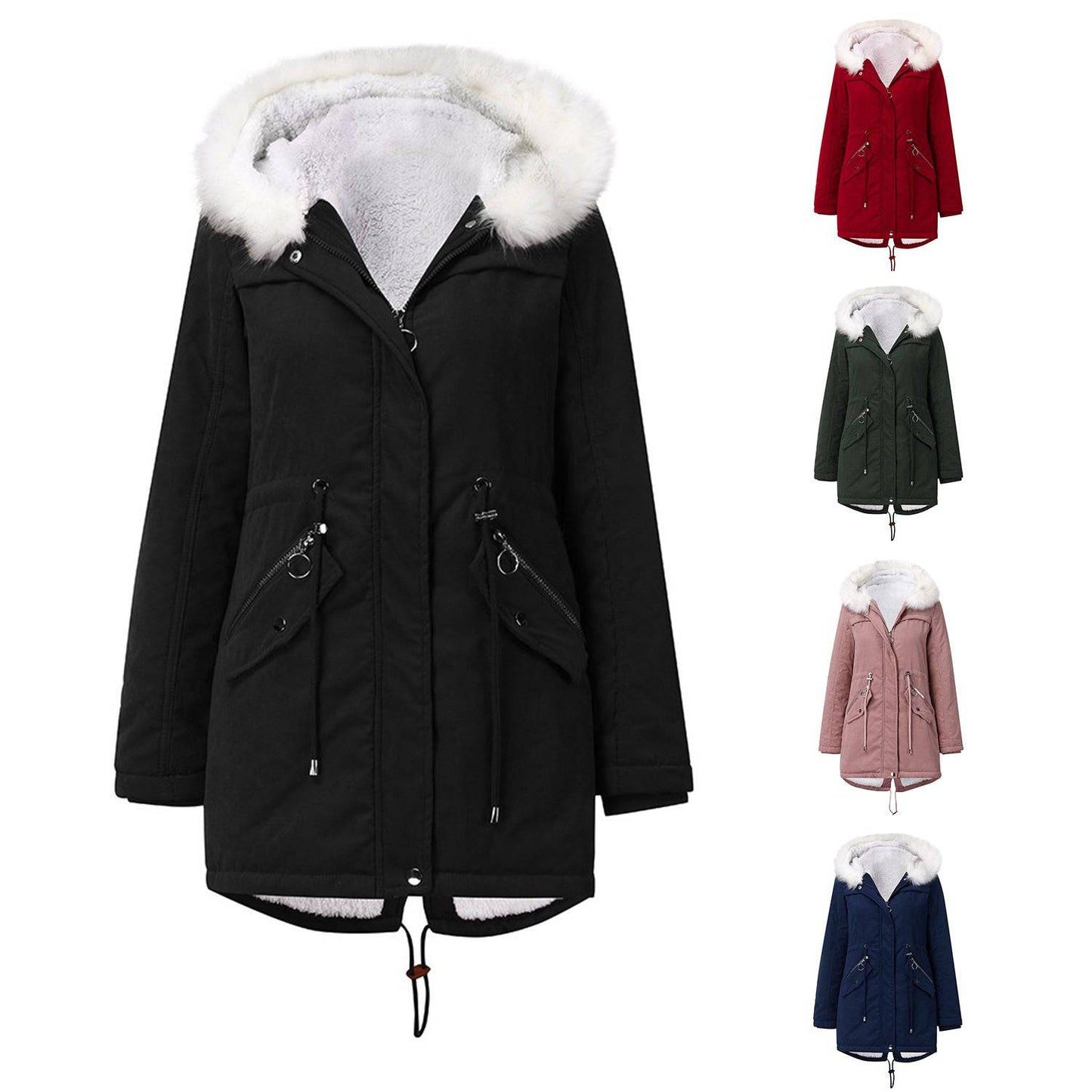 White Fur Collar Parka: Women's Mid-Length Hooded Winter Coat with Cotton Padding    