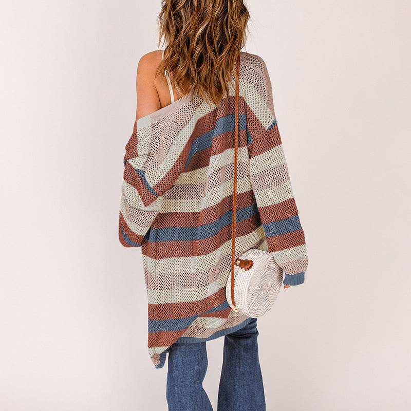 Striped Contrast Color Cardigan Coat Sweater for Women - Spring/Autumn Collection    