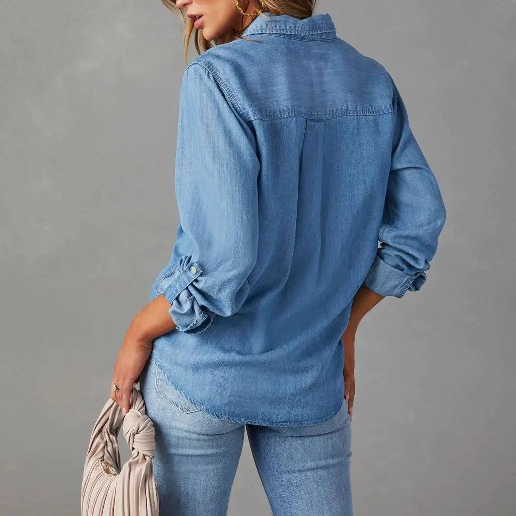 Elevated Autumn Style: Women's Collared Denim Shirt with Single-Breasted Button Closure    