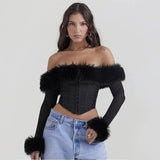 Fur Collar Off-Shoulder Boning Corset Long Sleeve Slim Top    