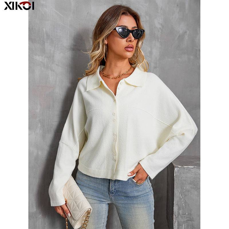 Fashionable Women's Polo Collar Batwing Sleeve Cardigan    