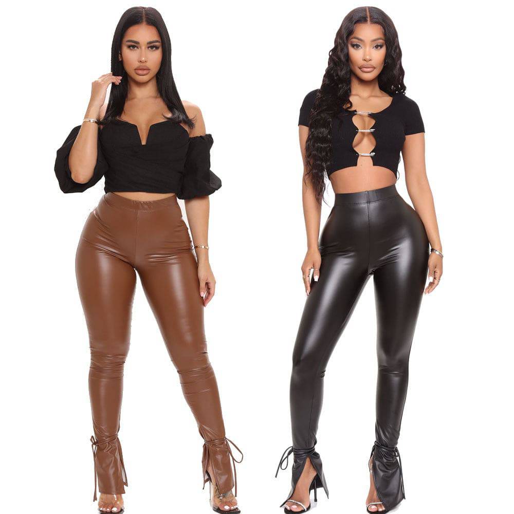 Faux Leather High Rise Tight Pants with Side Slit    