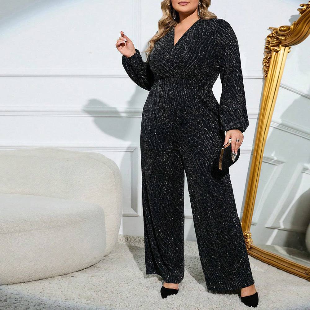 Plus Size Autumn Velvet V-Neck Wide Leg Jumpsuit    