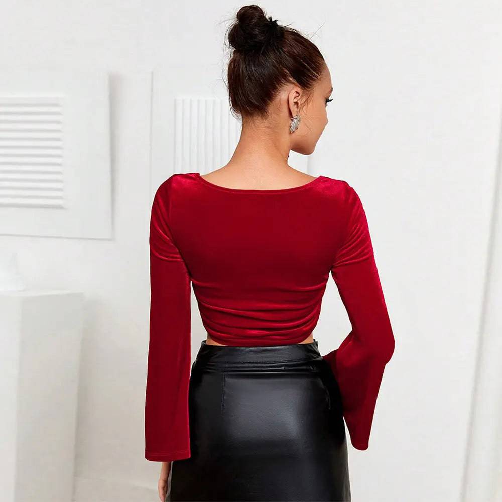 French Vintage Red Velvet Square Neck Crop Top    