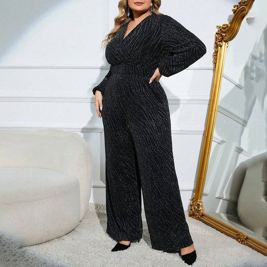 Plus Size Autumn Velvet V-Neck Wide Leg Jumpsuit    