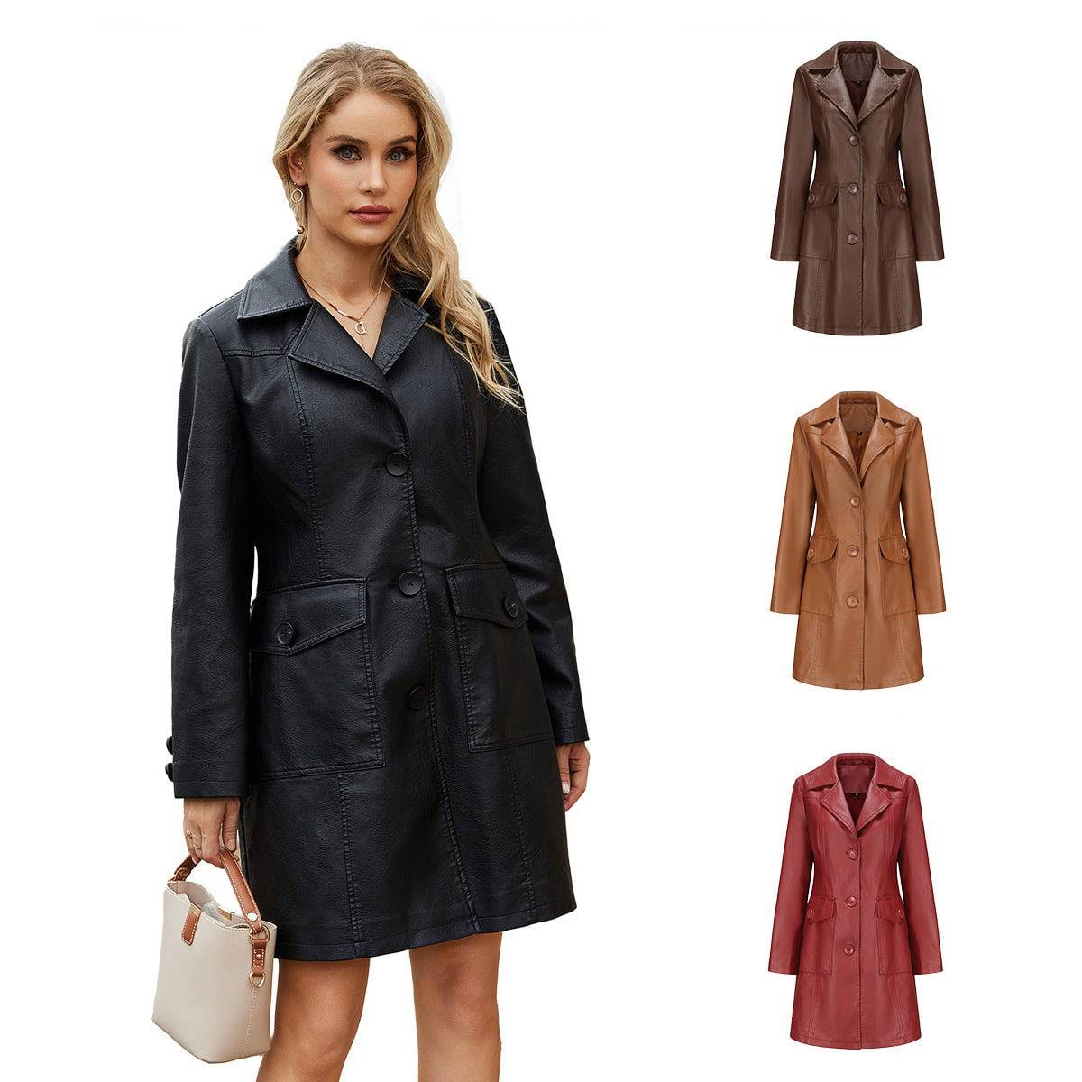 Long Leather Coat Spring Autumn Long Sleeve Leather Wind Coat British Coat Women Collared Single Breasted    