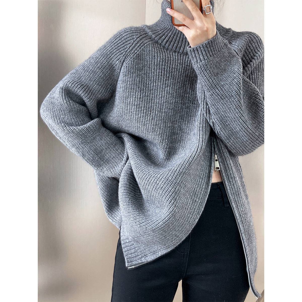 Lazy Casual Double Headed Zipper Turtleneck Sweater for Women    