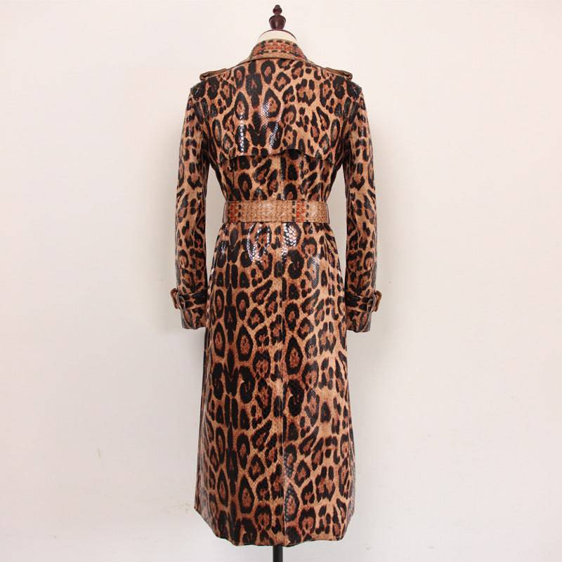 Goddess-Inspired Snakeskin Leopard Print Long Trench Coat    