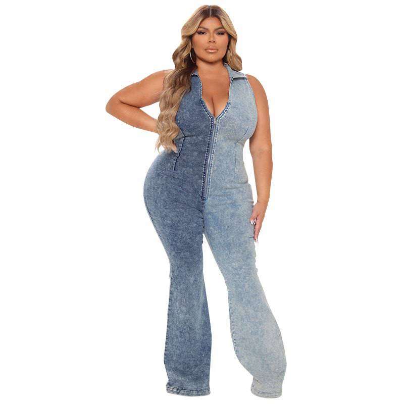 Sexy Denim Jumpsuit for Plus Size Women - Autumn Color Matching    