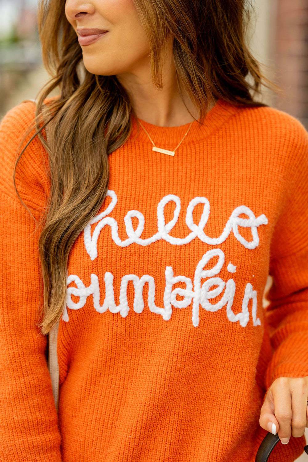 Ladies Orange Halloween Letter Graphic Embroidery Loose Sweater    