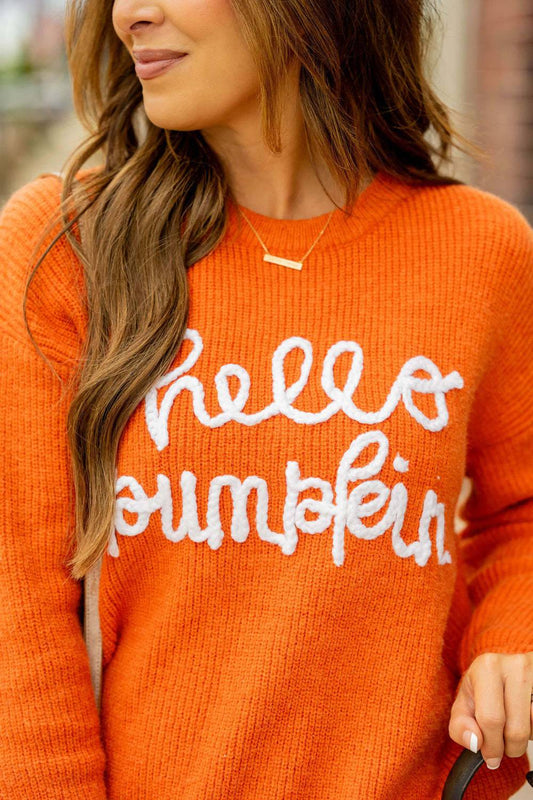 Ladies Orange Halloween Letter Graphic Embroidery Loose Sweater    