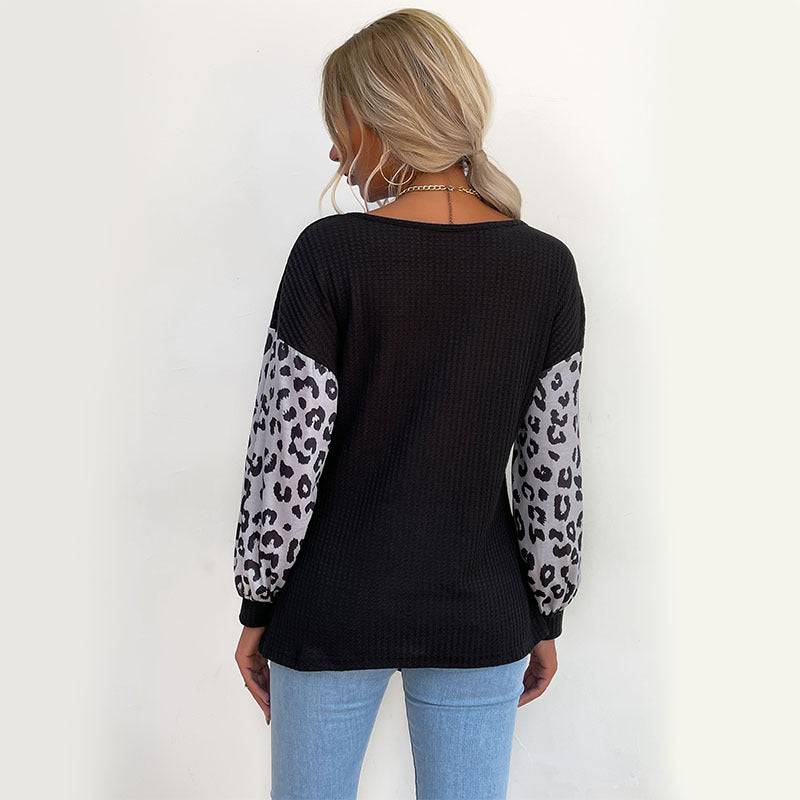 Leopard Print Patchwork Sweater with Long Sleeves    