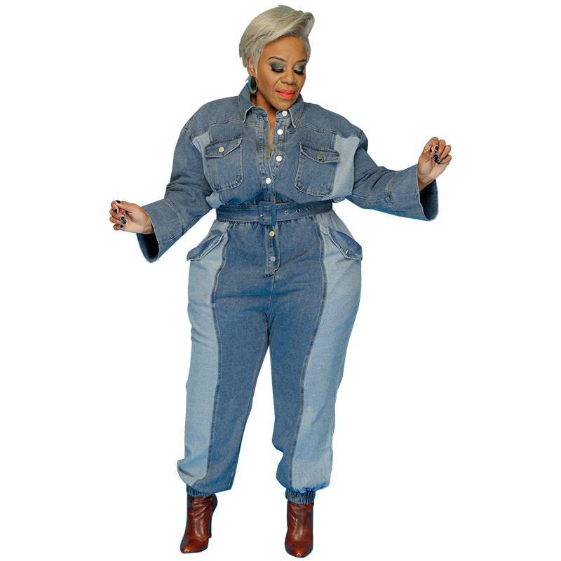 Stylish Plus Size Denim Jumpsuit for Autumn and Winter    