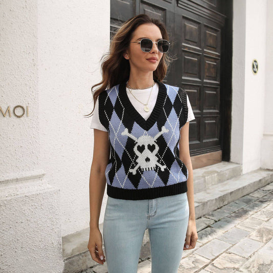 Skull Jacquard Rhombus Vest Sweater for a Stylish Halloween Look    