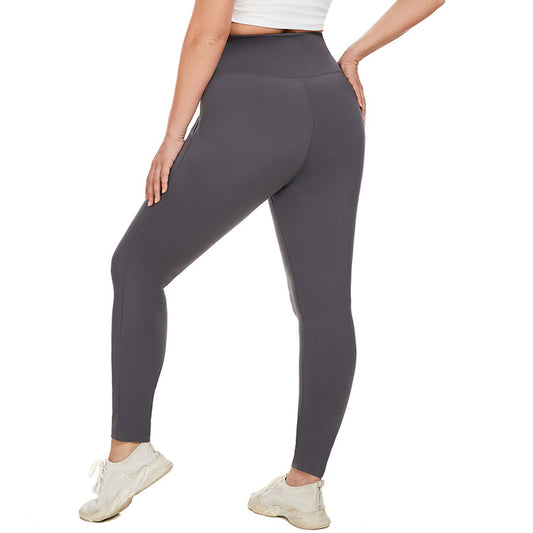 High-Rise Plus Size Fleece Peach Yoga Trousers with Contrast Color Detail    