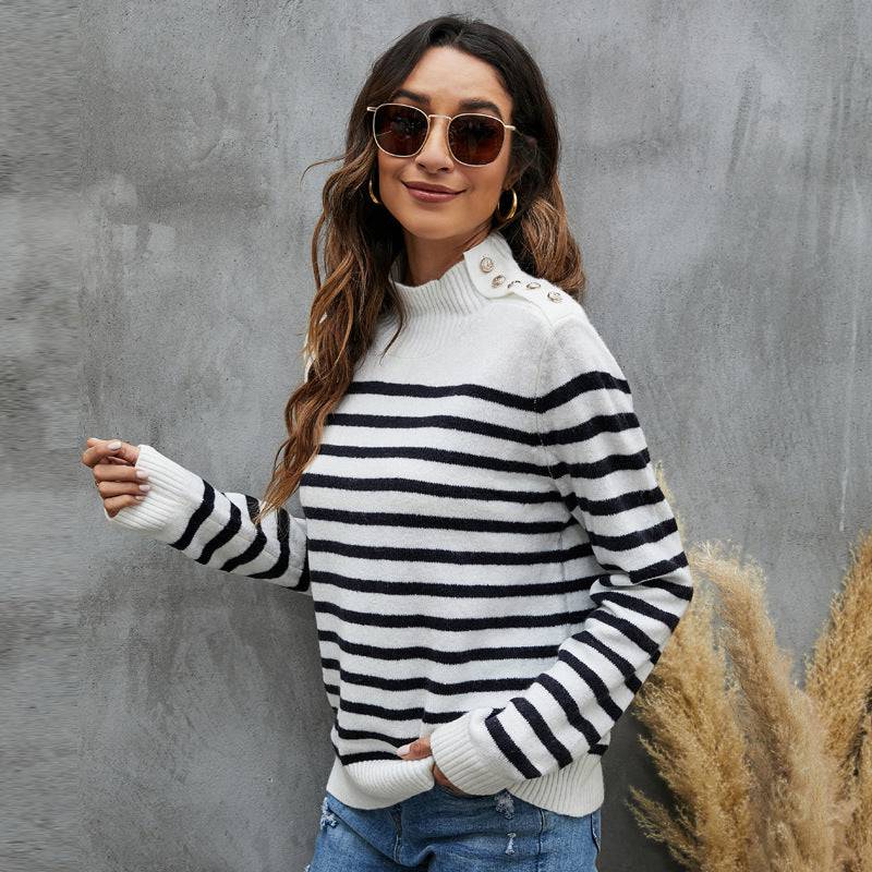 Striped Sweater with Stand Collar and Button Detail    