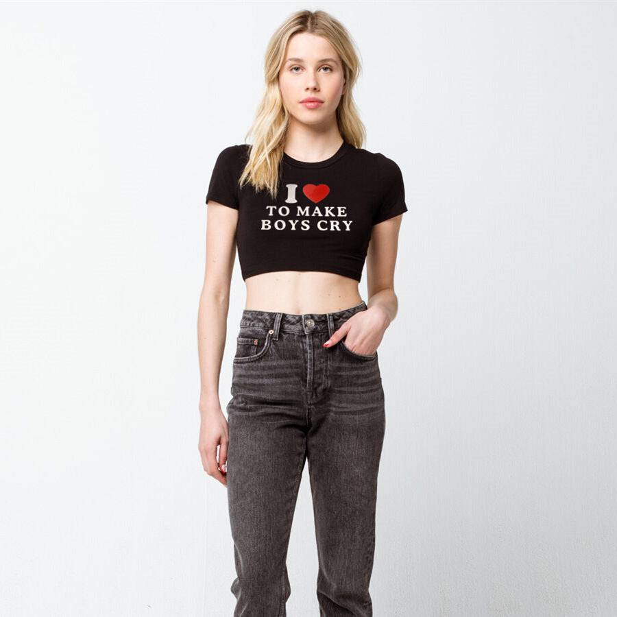 Heart Graphic Print Crop Top - Slim Cotton Short Sleeve Tee    