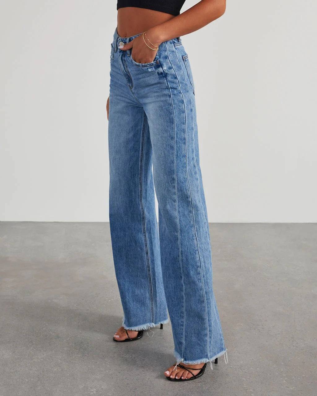 Loose Wide Leg Side Seam Stitching Frayed Hem Jeans Women    