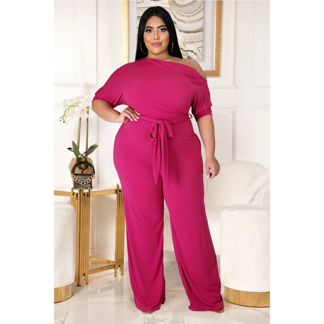 Trendy Plus Size Lace-Up Horn Jumpsuit for Women with Oblique Shoulder Design    