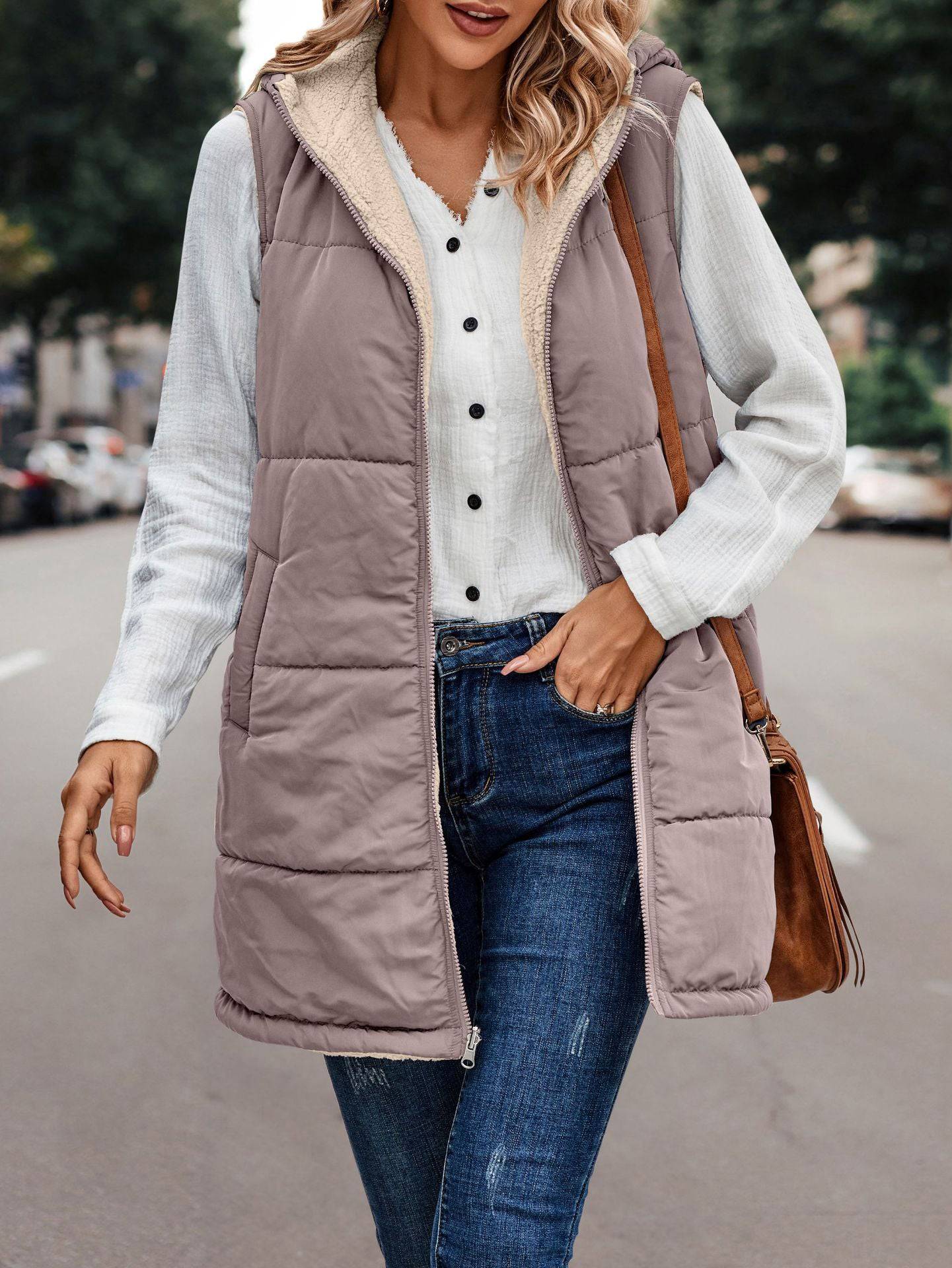 Simple Stitching Plush Double Sided Women's Hooded Vest with Zipper    