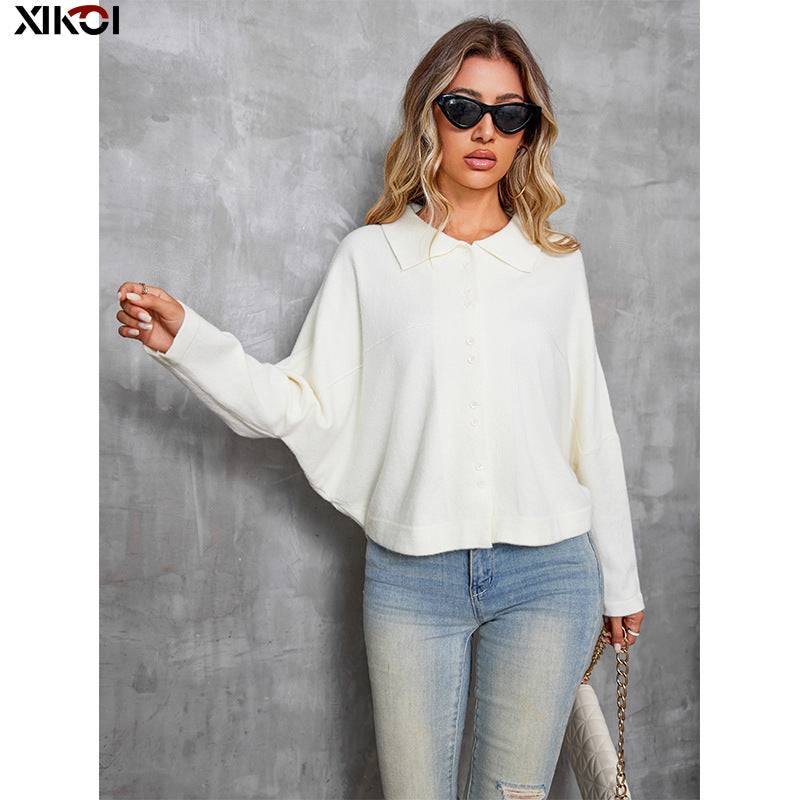 Fashionable Women's Polo Collar Batwing Sleeve Cardigan    