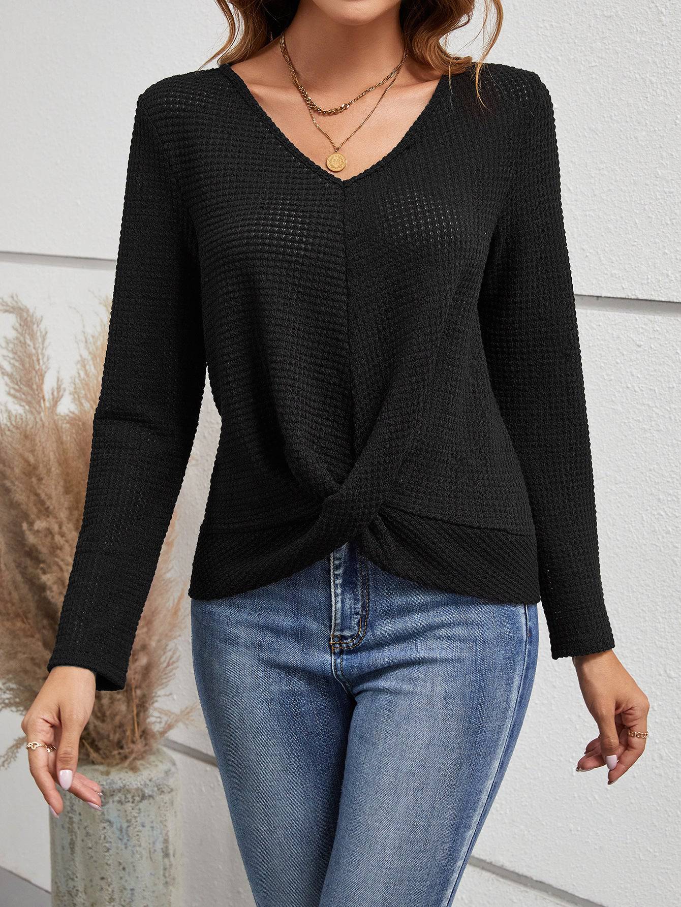 Women's Cozy V-Neck Solid Color Sweater with Lace Patchwork    