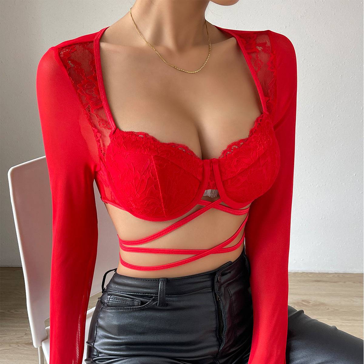 Seductive Lace Cross Steel Ring Long Sleeve Crop Top    