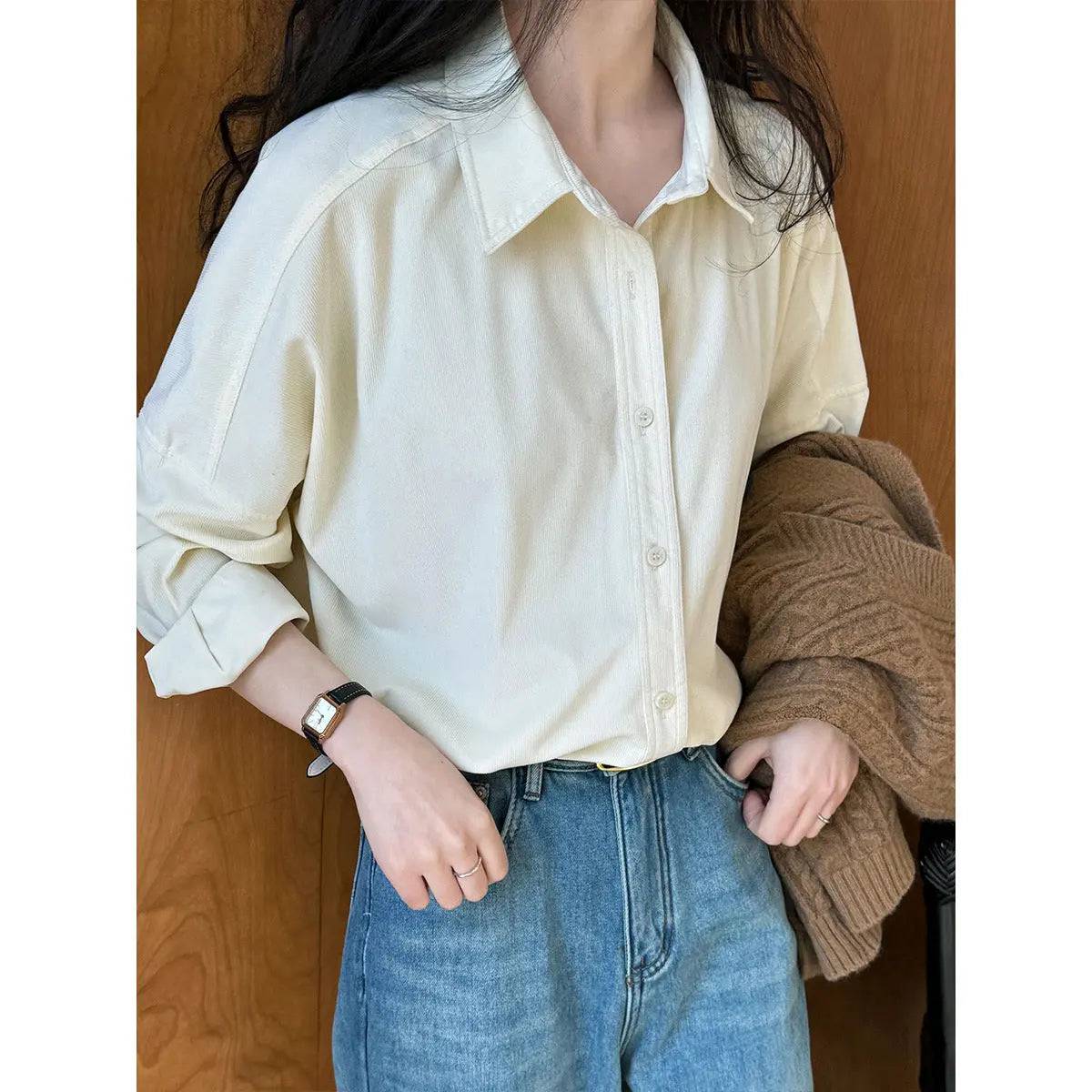 Japanese Minimalist Thickened Sanded Fabric Corduroy Shirt Women Fall Winter Inner Wear Bottoming Bandage Dress Shirt    