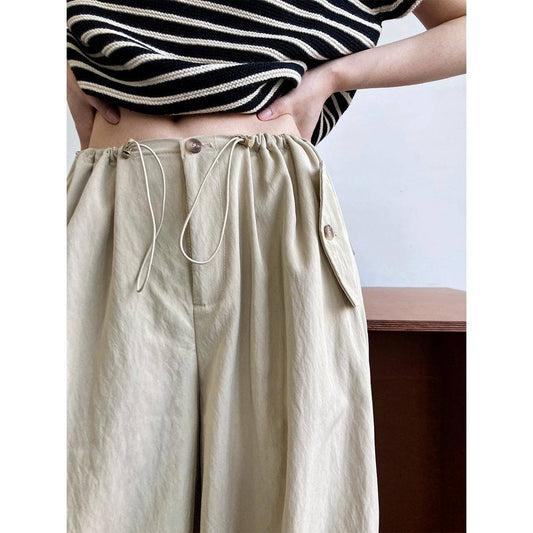 Lazy Casual Pants Drawstring Elastic High Waist Loose Profile Slimming Work Clothes Wide Leg Pants for Women    