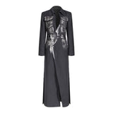 Niche Design Trench Coat Women Handmade Metal Silver Brush Color Rock Artist Super Long Blazer    