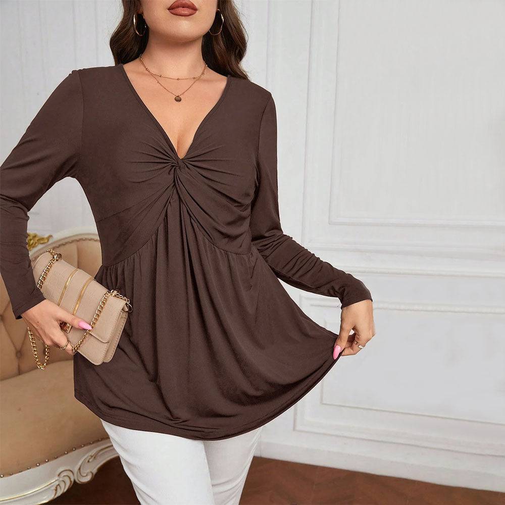 Elegant V-Neck Waist-Controlled Knitted Top for Plus Size Women    