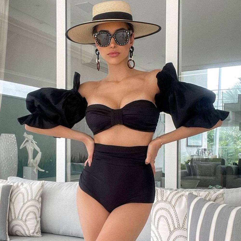 Strap Tube Top Split Swimsuit with Puff Sleeves    