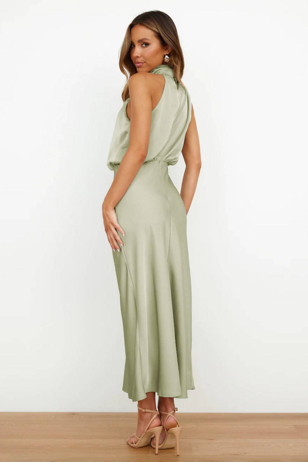 Elegant High Grade Satin Sleeveless Maxi Dress with Mock Neck    