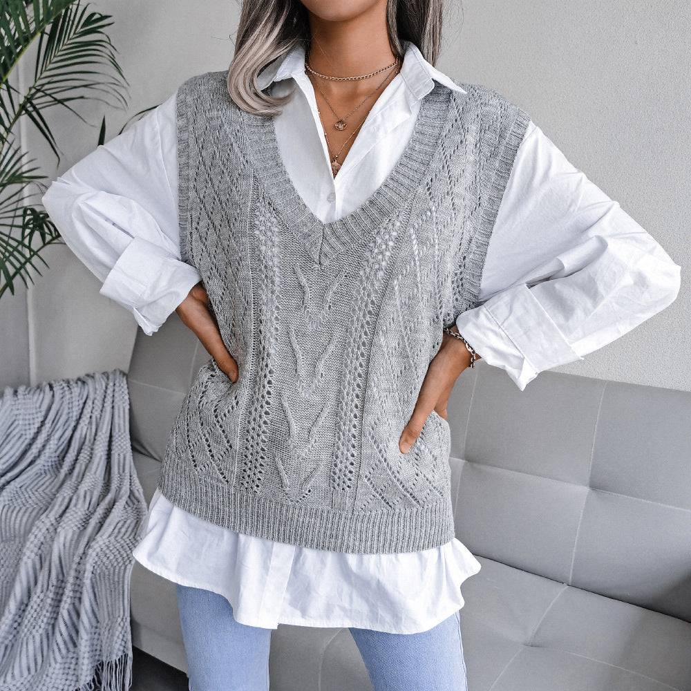 Twist V-Neck Knitted Vest Sweater for Women with Cutout Design    