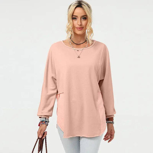 Frayed Asymmetric Long-Sleeved Top for Women in Solid Color    