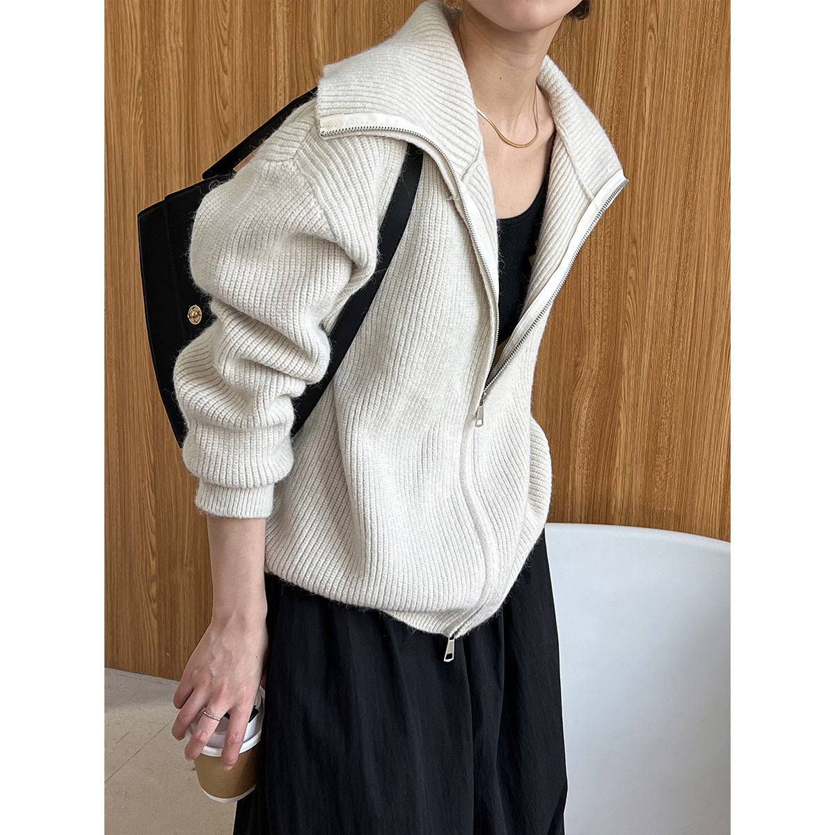 Lazy Double Zipper Knitted Sweater Cardigan Coat for Women    