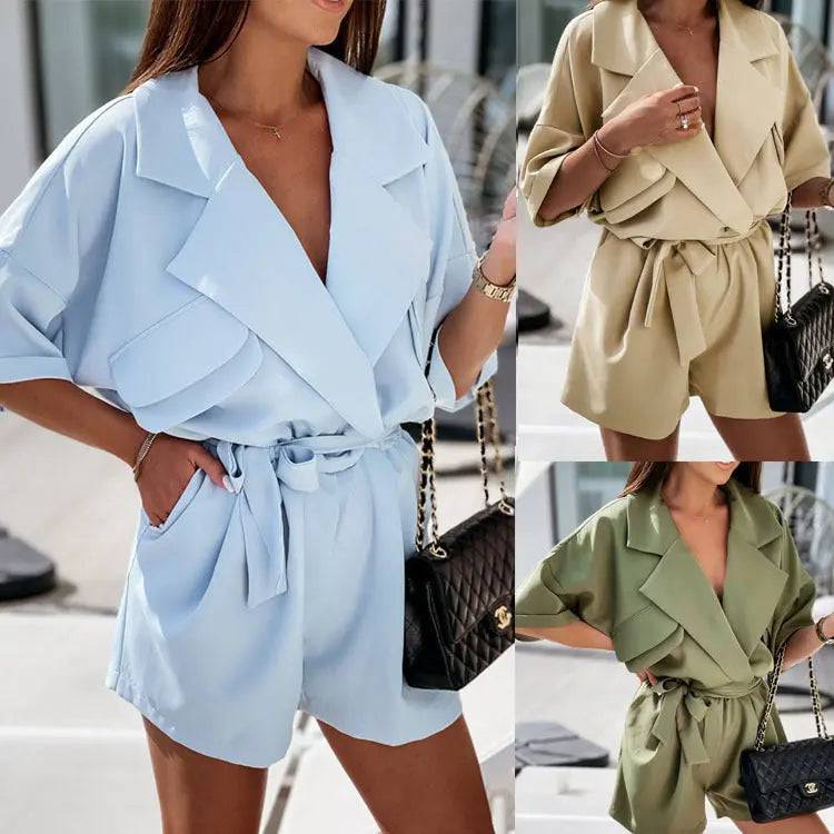 Flirty Collared Batwing Sleeve Romper with Belt for Women's Summer Wear    