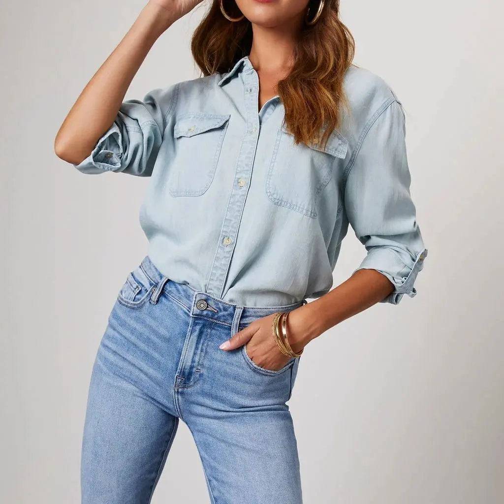 Elevated Autumn Style: Women's Collared Denim Shirt with Single-Breasted Button Closure    