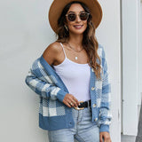 V-Neck Plaid Knitted Cardigan for Women: Loose Autumn/Winter Sweater Coat    