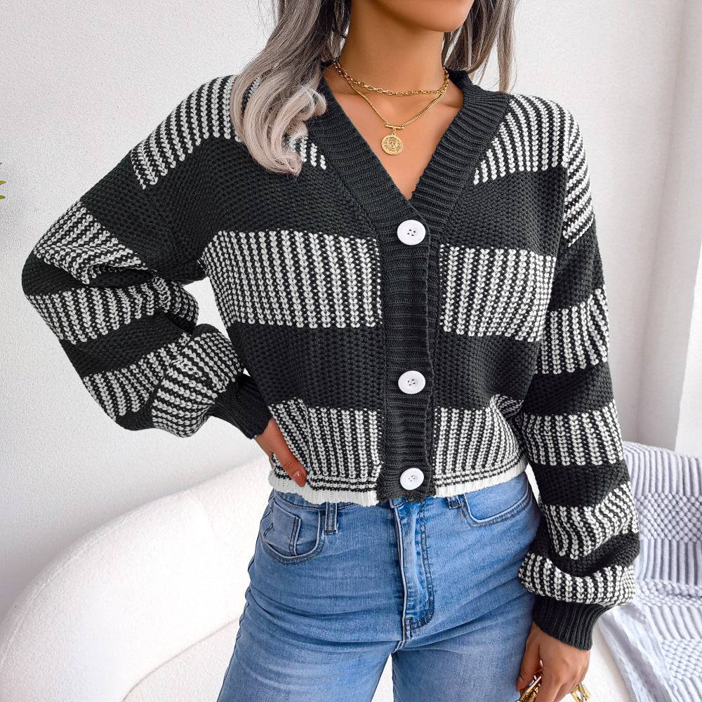 Striped Lantern Sleeve Cardigan Sweater for Women    