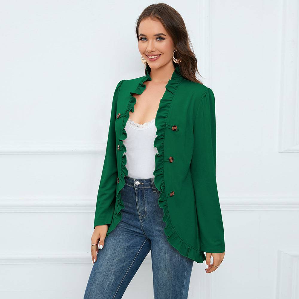 Women's Ruffled Cardigan with Double-Breasted Closure    