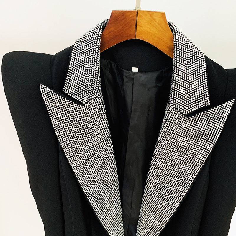 Rhinestone Collar Blazer with Peak Shoulder Profile    