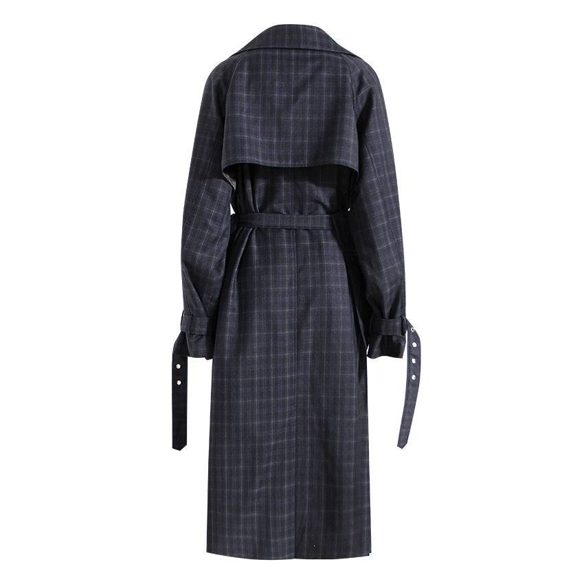 Women's British Plaid Trench Coat with Waist Belt, Large Pockets, and Detachable Lace-Up Detail    