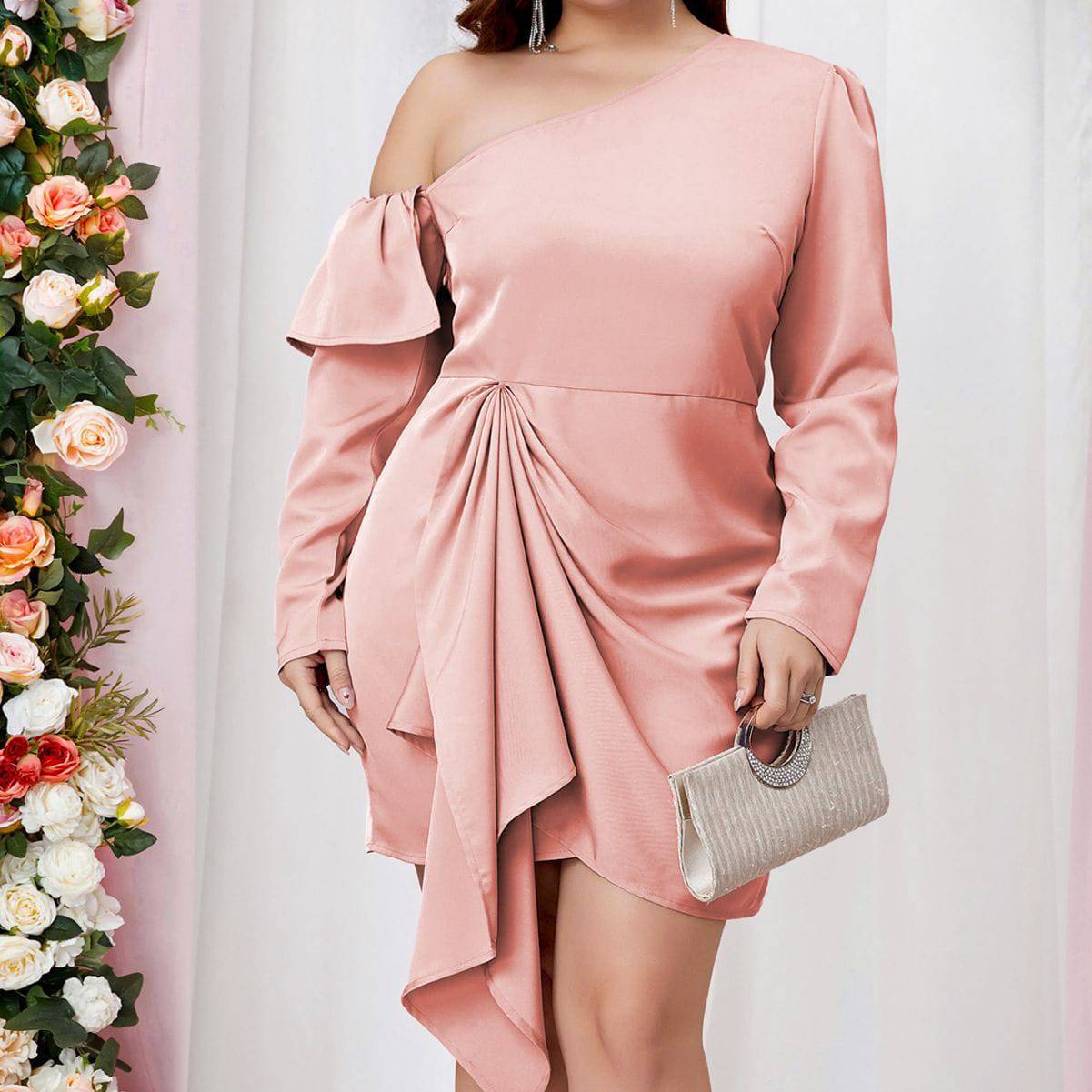 Glamorous Plus Size One Shoulder Ruffled Short Dress    