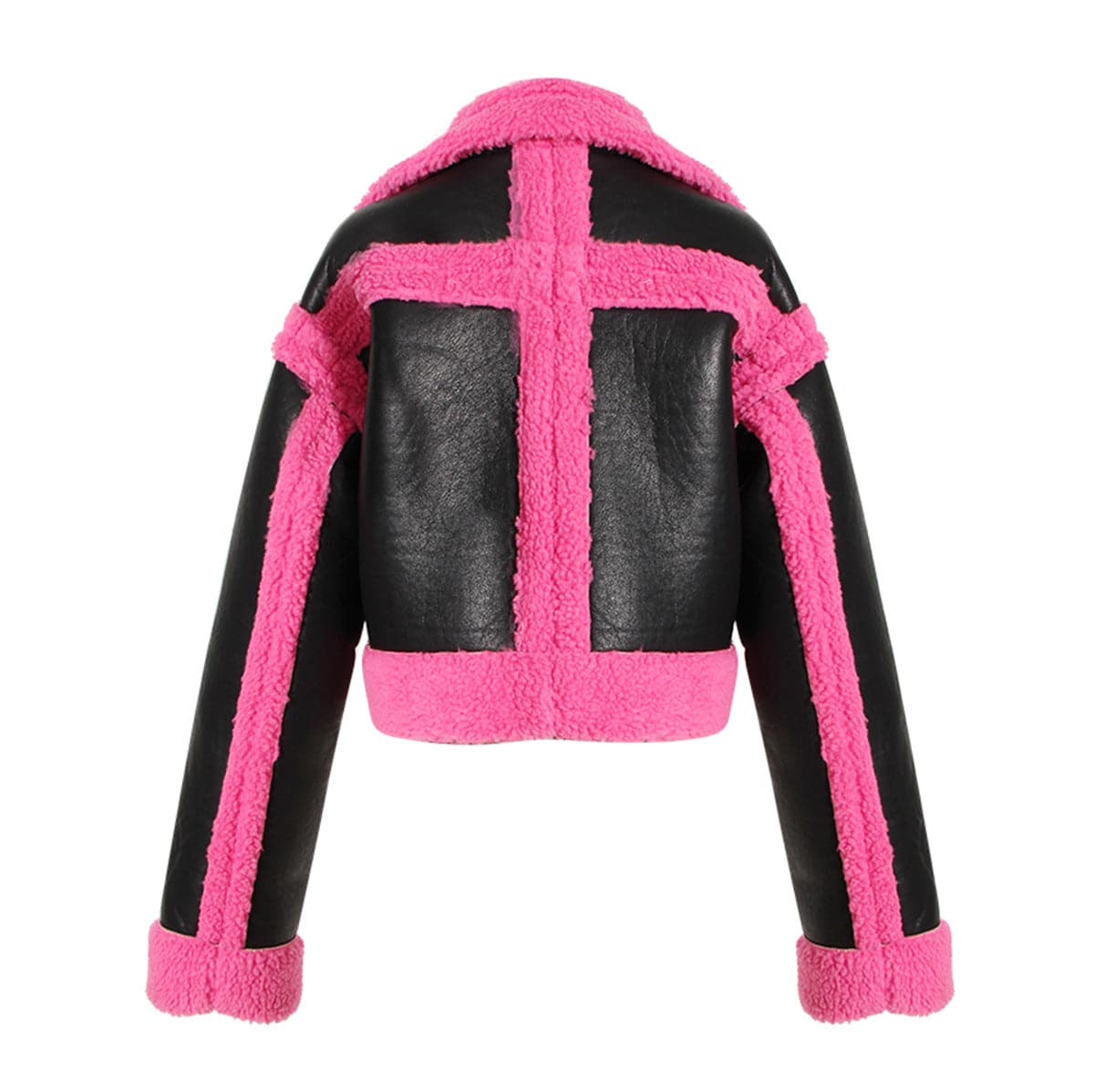 Stylish Pink Faux Fur Motorcycle Jacket with Big Collar    